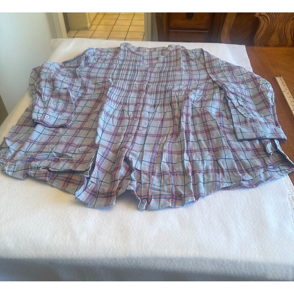 Woman Within Top Womens 3X 30 32 Blue Plaid Pintuck Button Front Blouse Plus